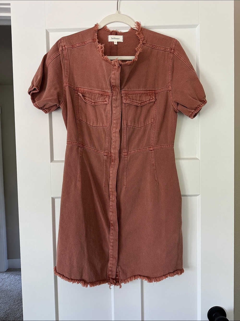 bohme Rust Frayed-Trim Short-Sleeve Denim Mini Dress